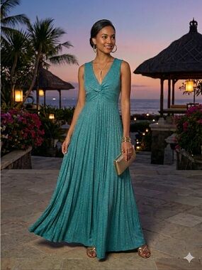 SAIPH Teal Blue / Green Metallic Knit Twist Front Pleated Maxi Dress - Medium